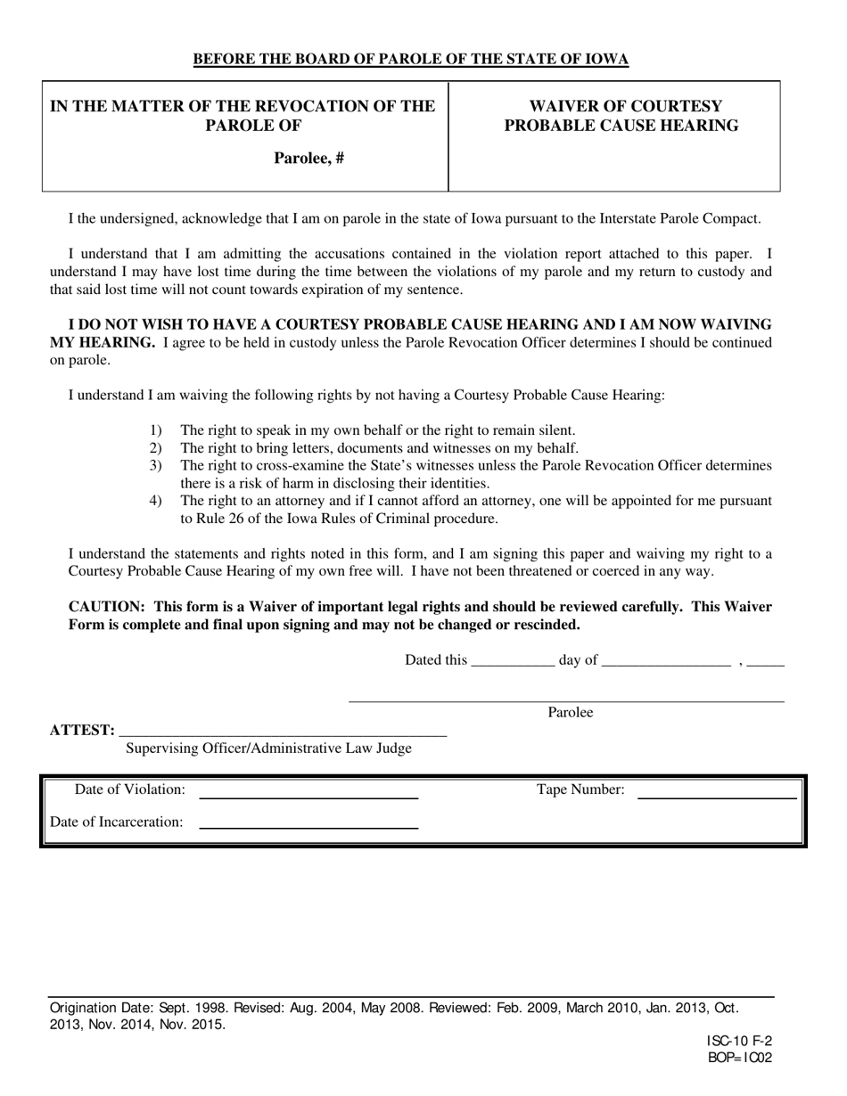 Waiver of Courtesy Probable Cause Hearing - Iowa, Page 1