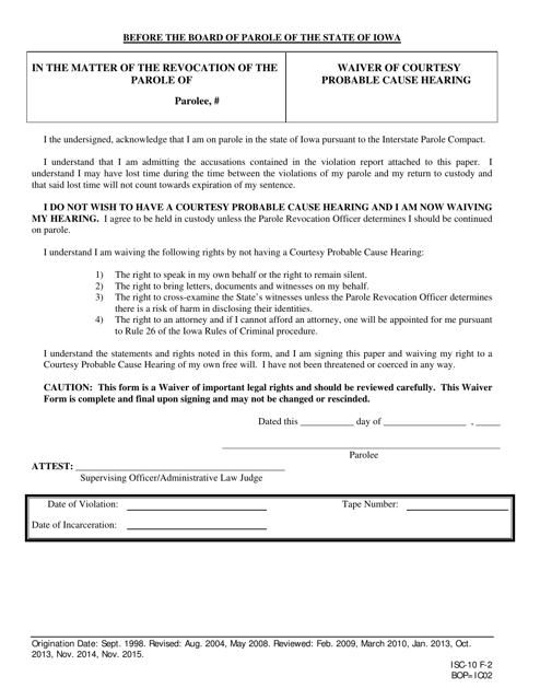 Waiver of Courtesy Probable Cause Hearing - Iowa