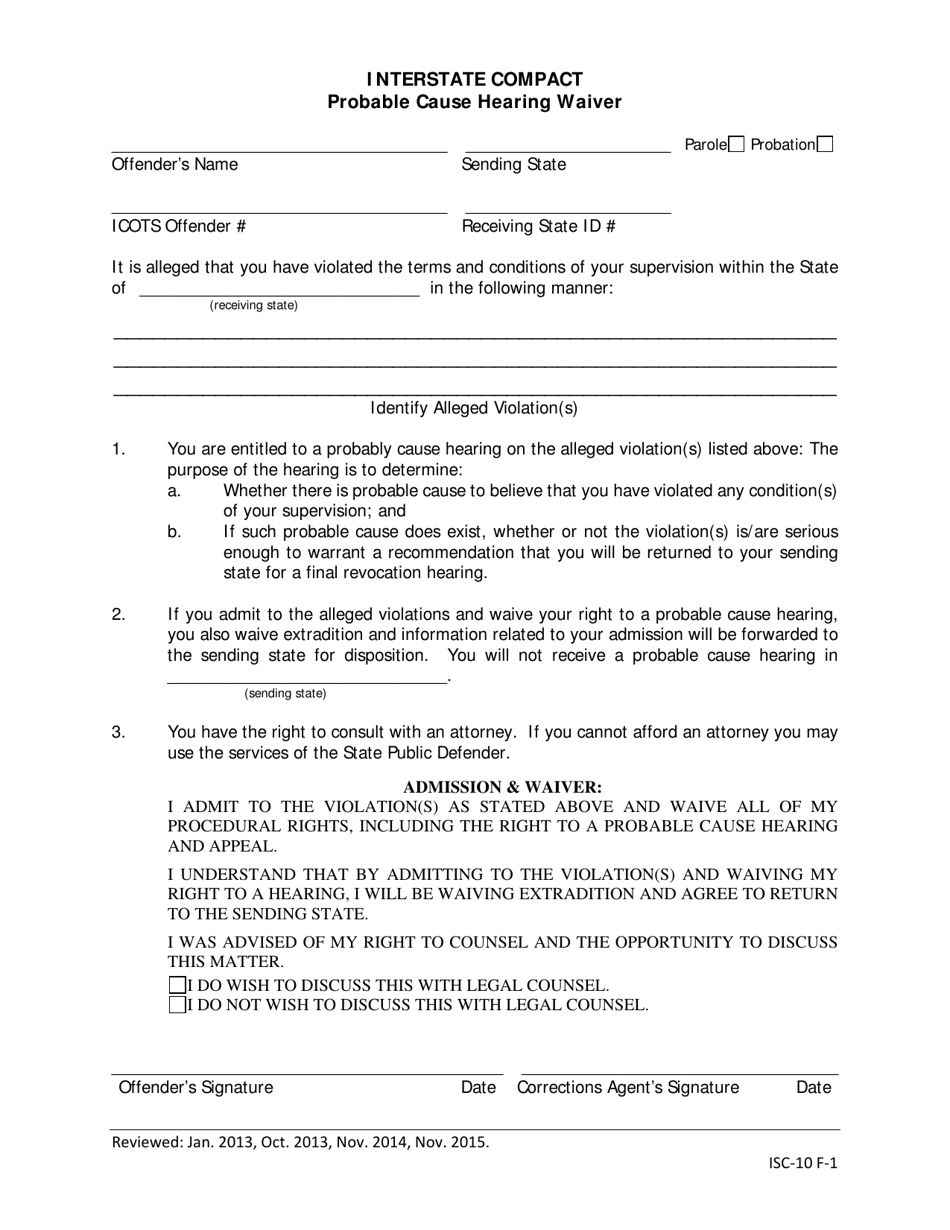 Interstate Compact Probable Cause Hearing Waiver - Iowa, Page 1