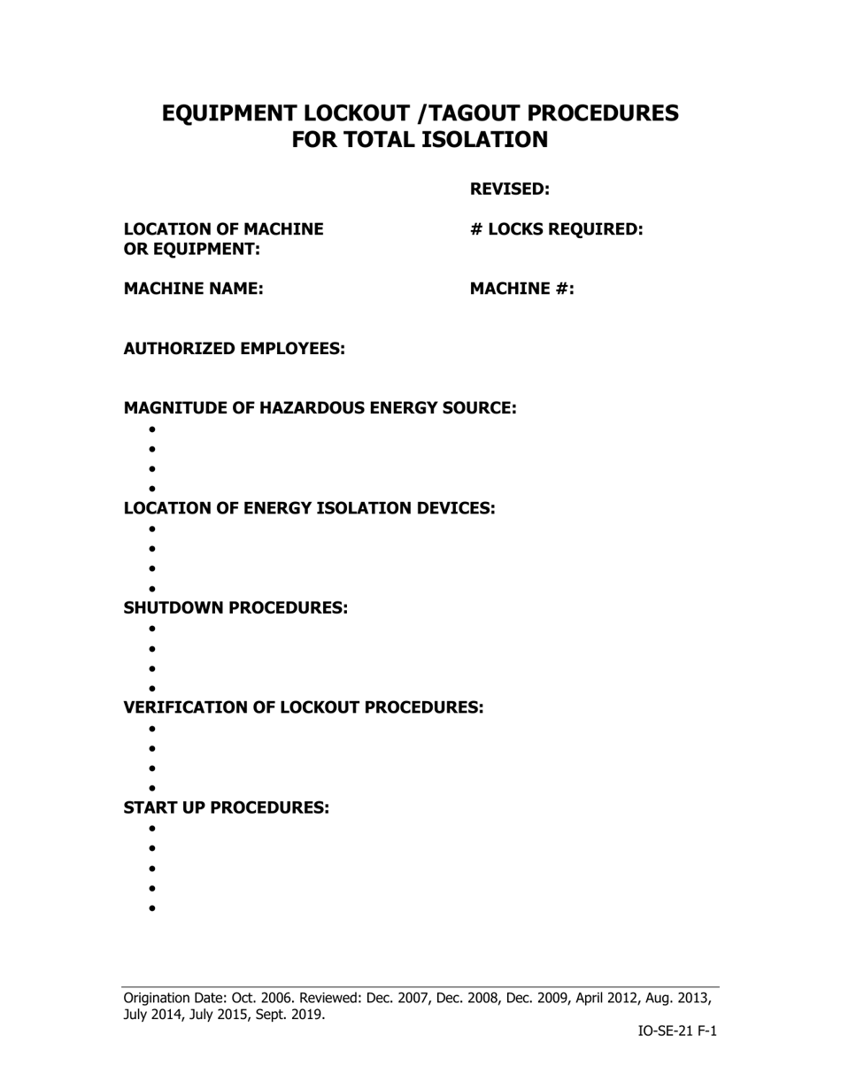 Equipment Lockout / Tagout Procedures for Total Isolation - Iowa, Page 1