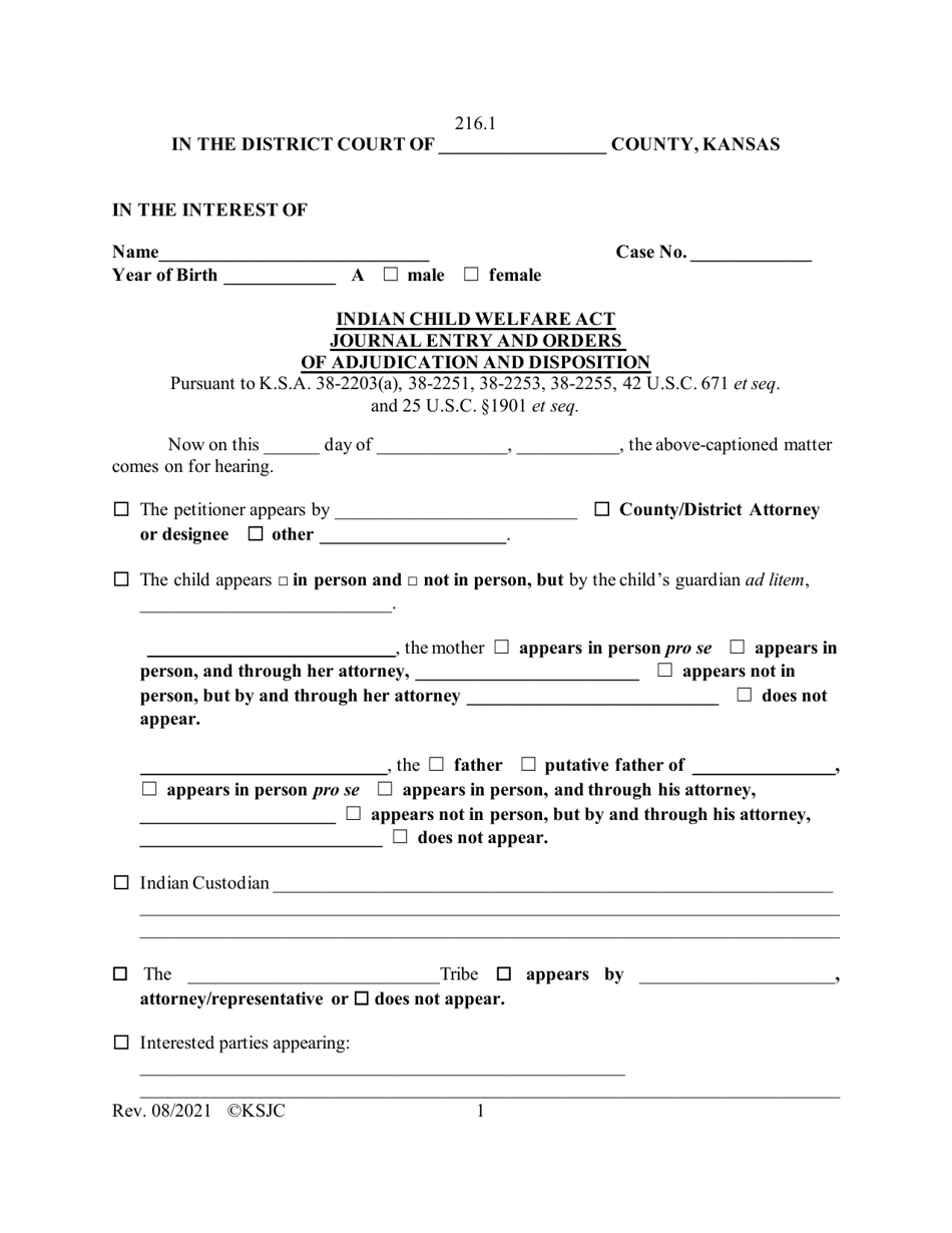 Form 216.1 Indian Child Welfare Act Journal Entry and Orders of Adjudication and Disposition - Kansas, Page 1
