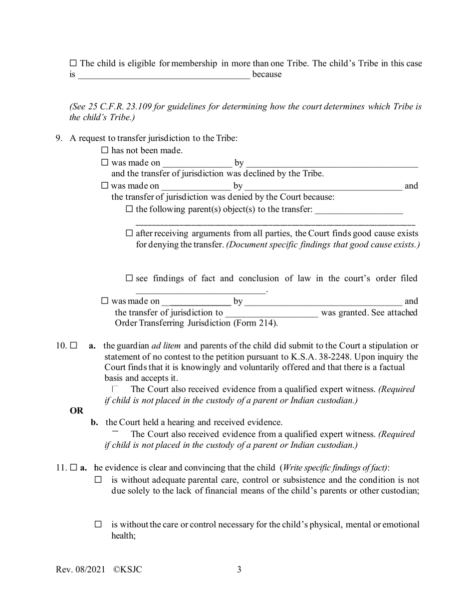 Form 216.1 Indian Child Welfare Act Journal Entry and Orders of Adjudication and Disposition - Kansas, Page 3