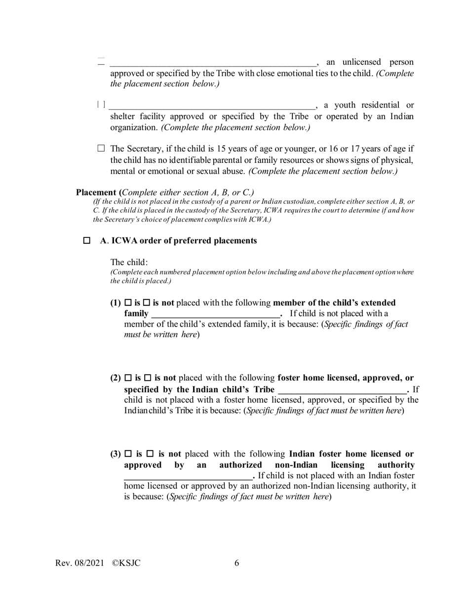 Form 216.1 Indian Child Welfare Act Journal Entry and Orders of Adjudication and Disposition - Kansas, Page 6