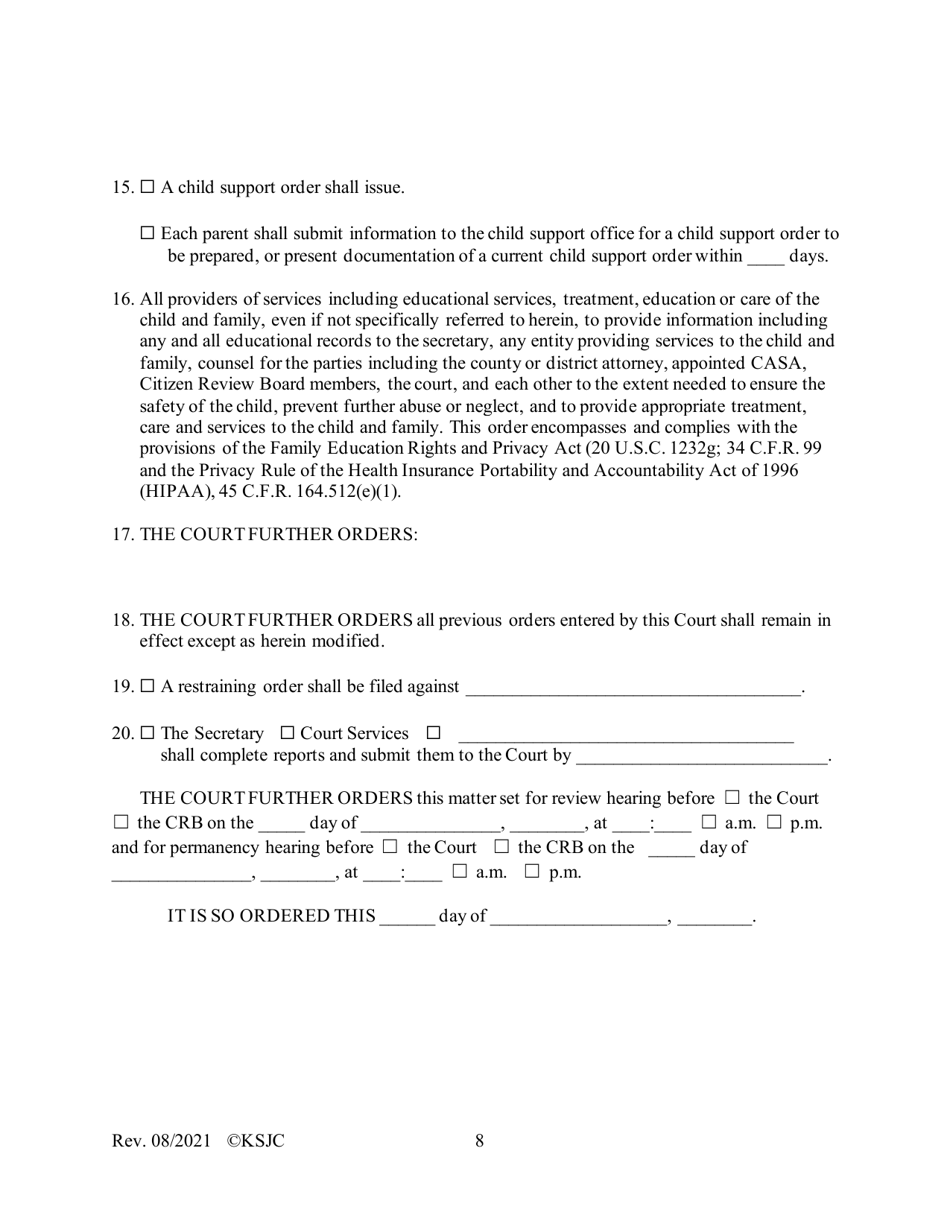 Form 216.1 Indian Child Welfare Act Journal Entry and Orders of Adjudication and Disposition - Kansas, Page 8