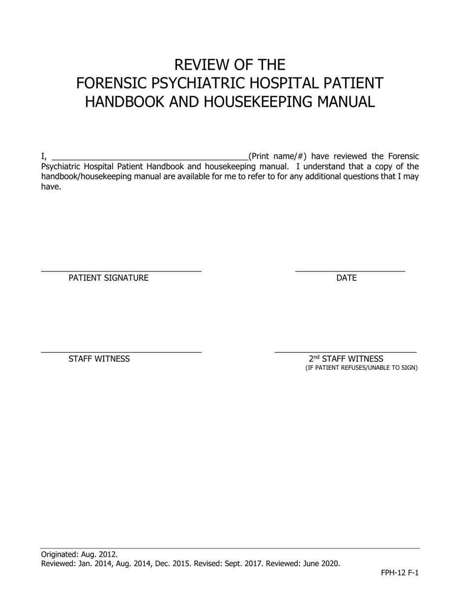 Review of the Forensic Psychiatric Hospital Patient Handbook and Housekeeping Manual - Iowa, Page 1