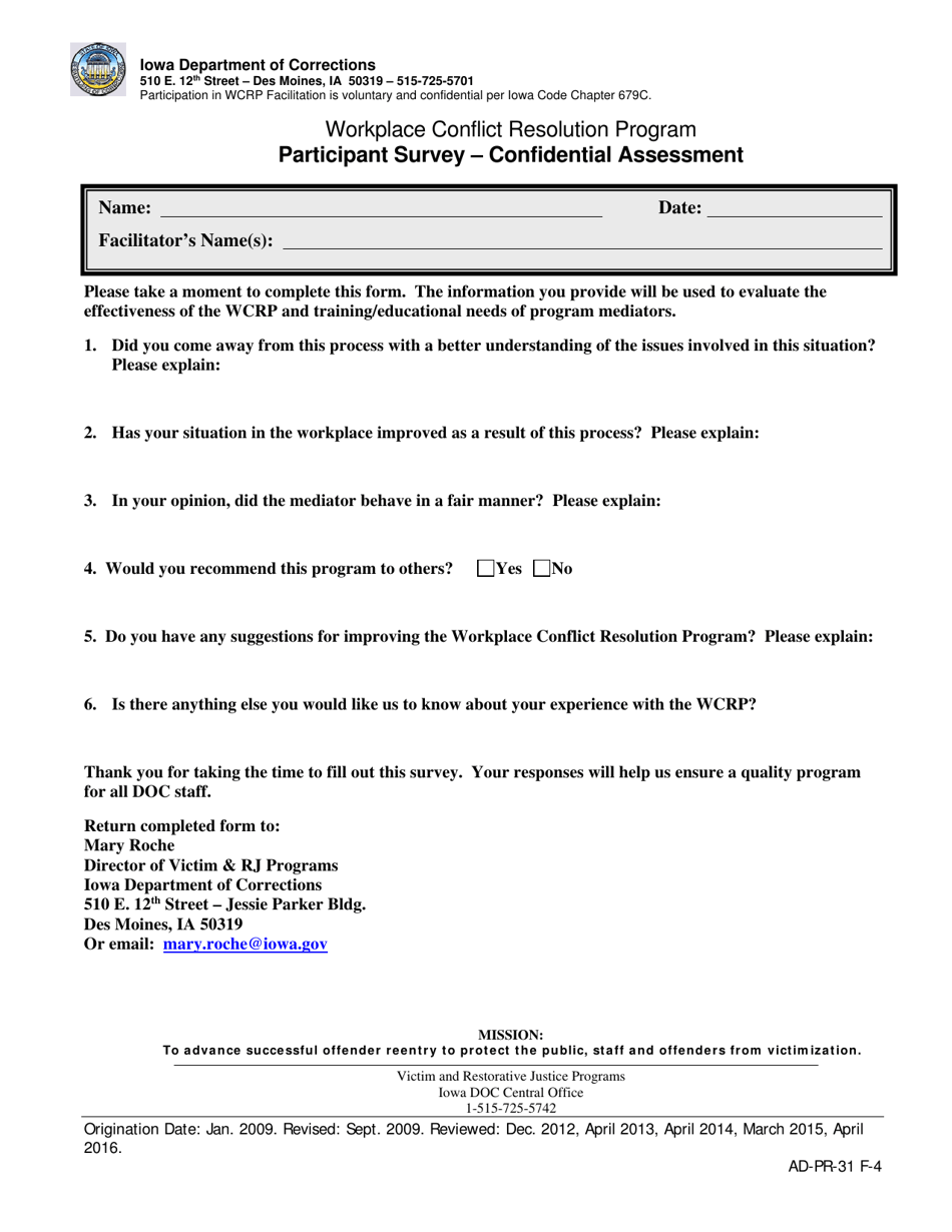 Participant Survey - Confidential Assessment - Workplace Conflict Resolution Program - Iowa, Page 1