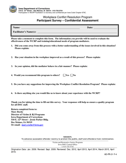 Participant Survey - Confidential Assessment - Workplace Conflict Resolution Program - Iowa