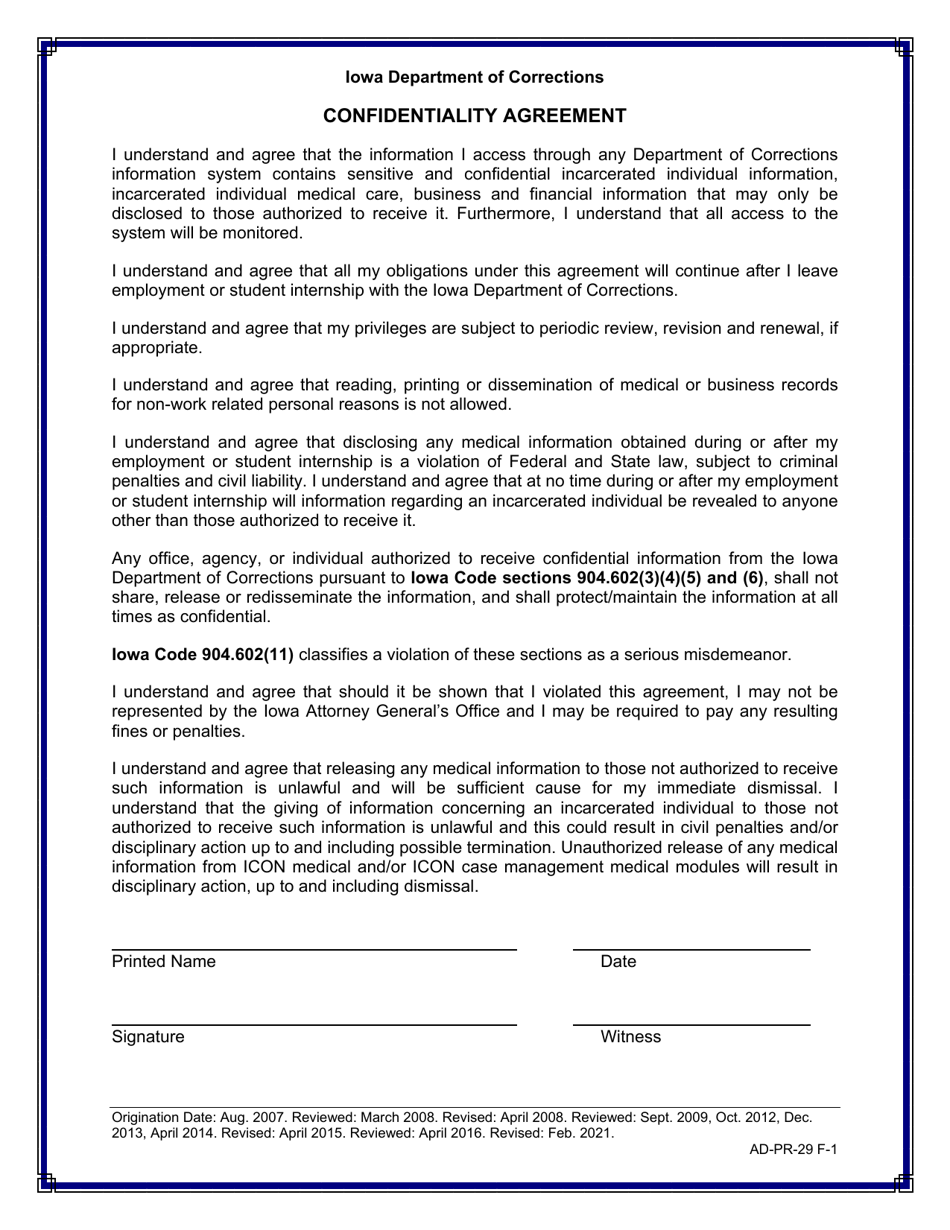 Confidentiality Agreement - Iowa, Page 1