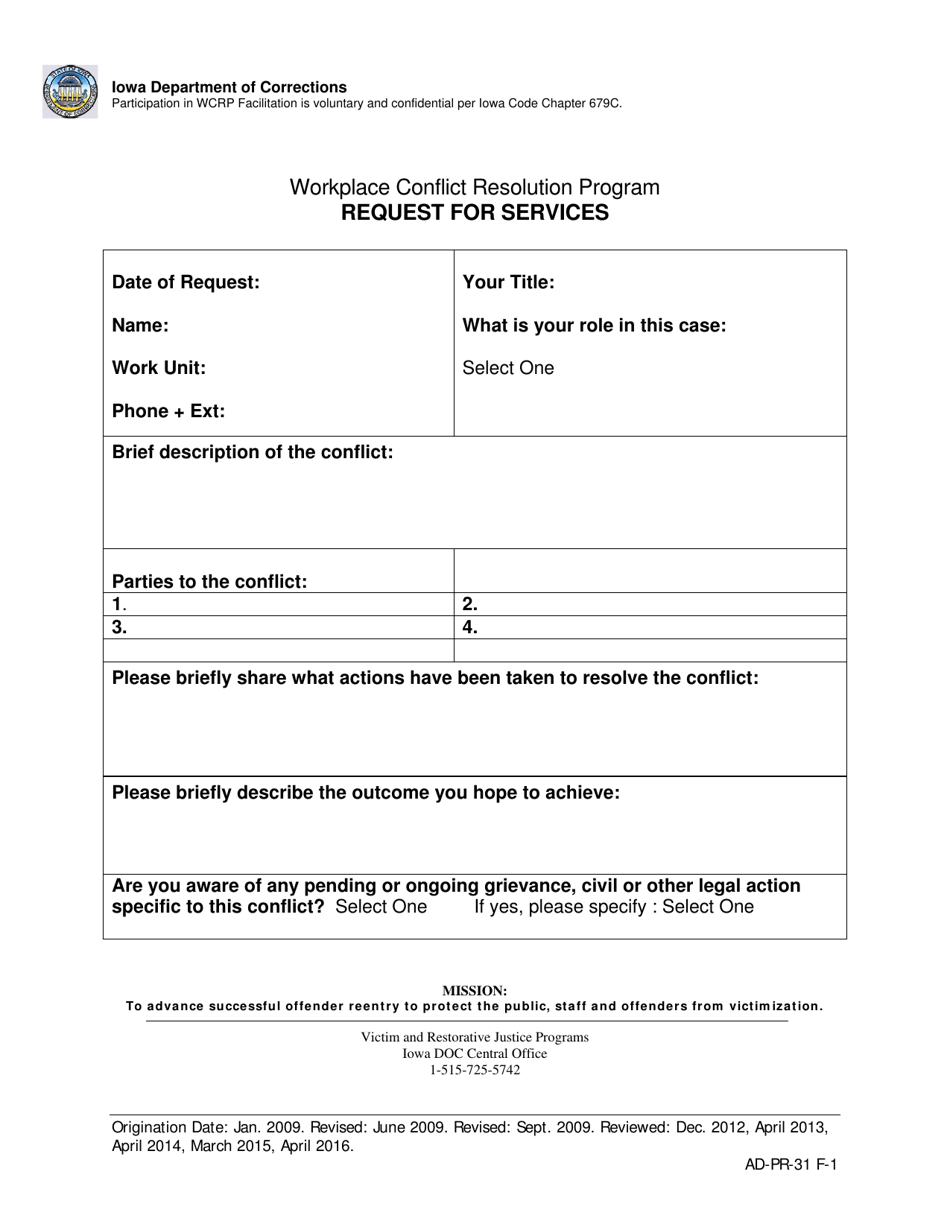 Request for Services - Workplace Conflict Resolution Program - Iowa, Page 1