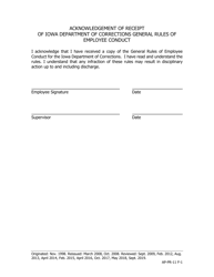 Document preview: Acknowledgement of Receipt of Iowa Department of Corrections General Rules of Employee Conduct - Iowa