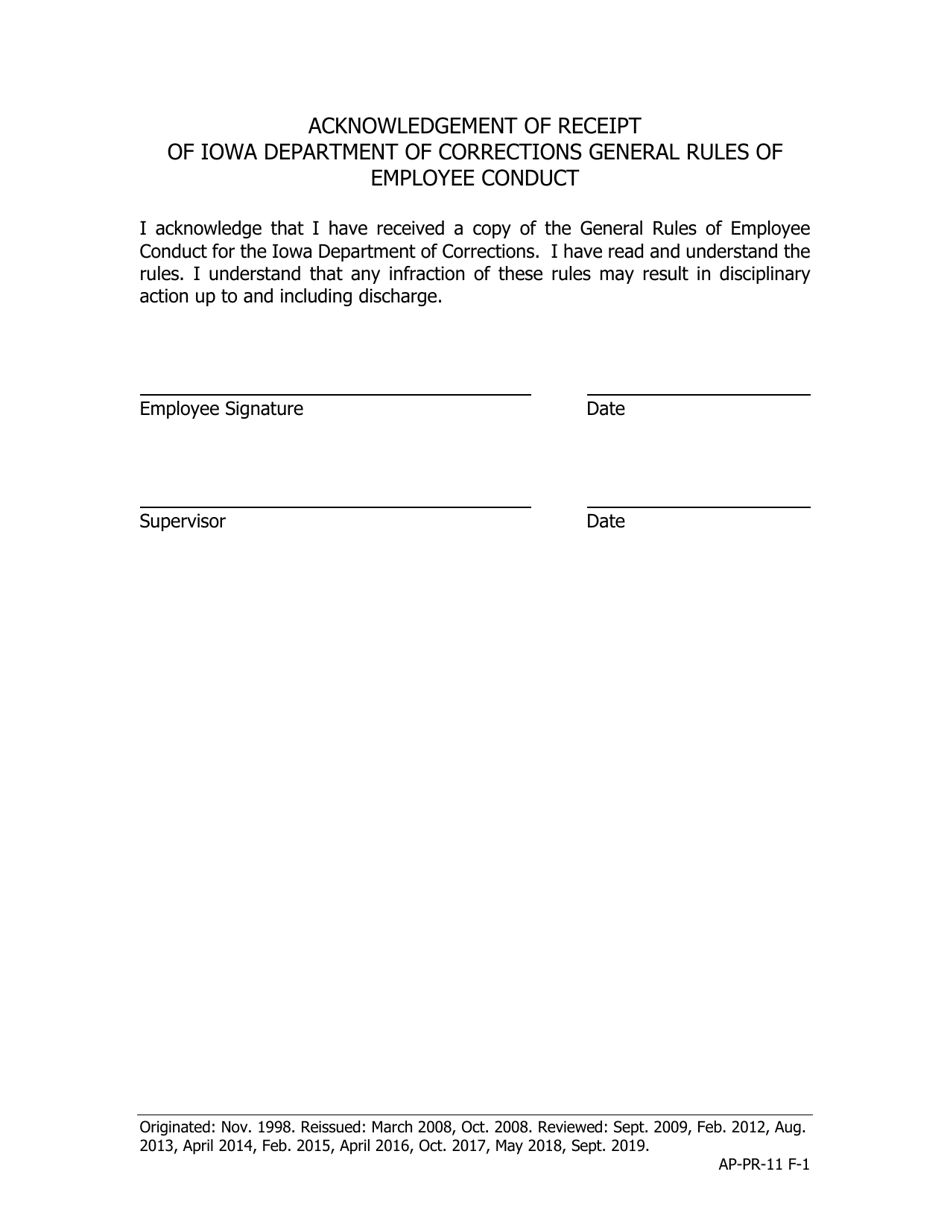 Acknowledgement of Receipt of Iowa Department of Corrections General Rules of Employee Conduct - Iowa, Page 1