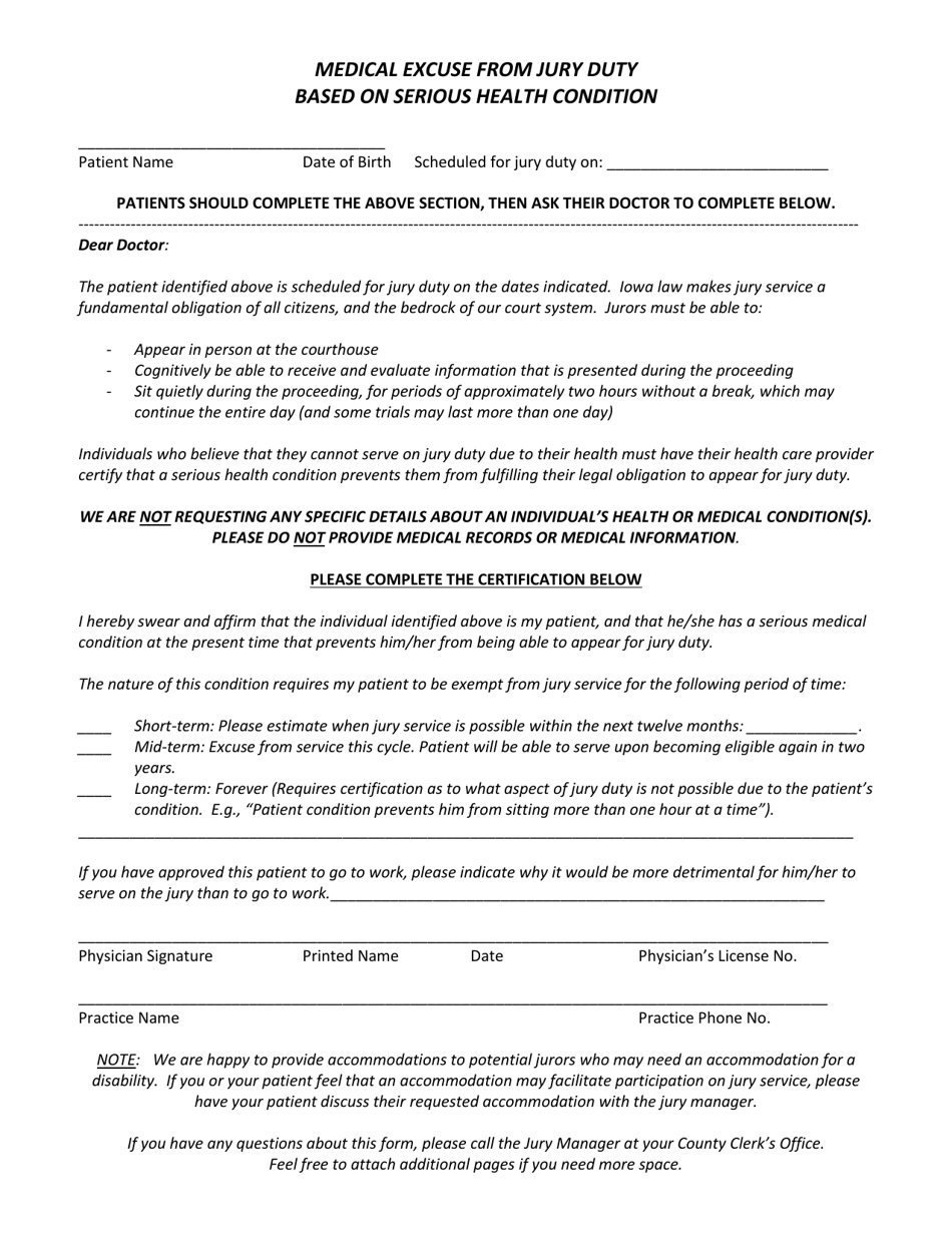 Medical Excuse From Jury Duty Based on Serious Health Condition - Iowa, Page 1