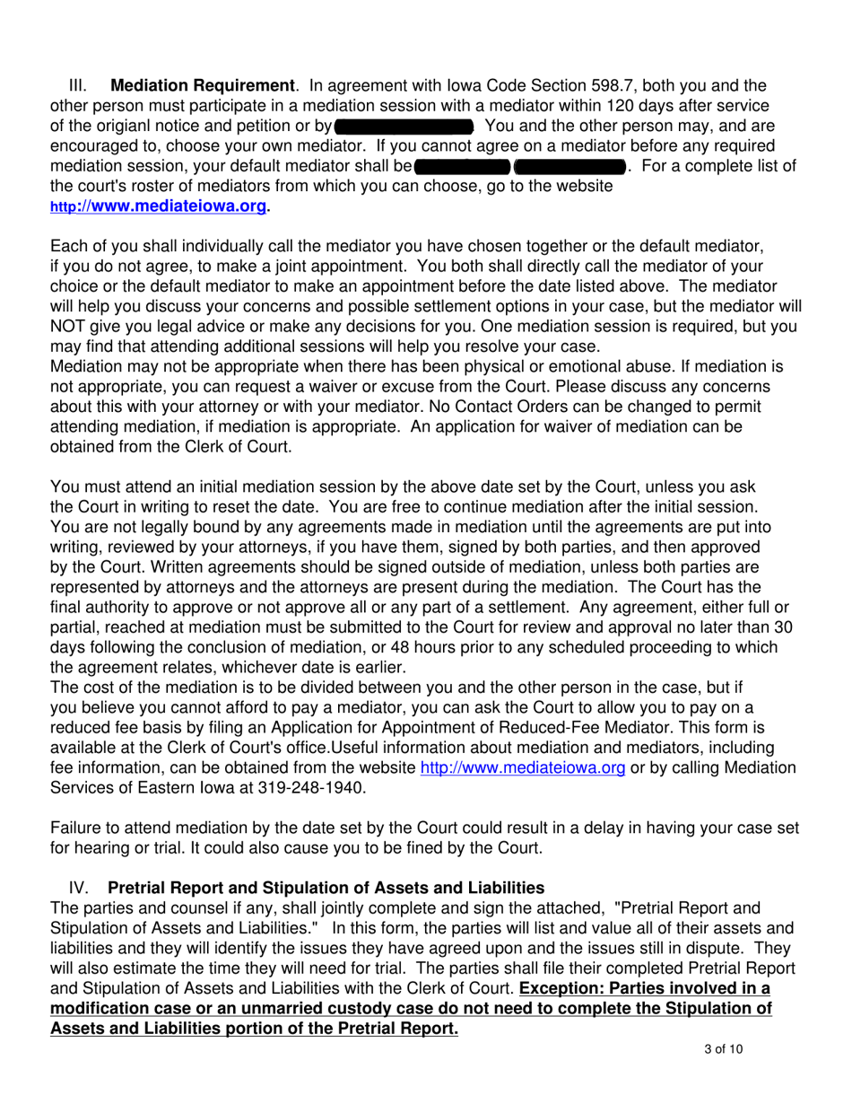 Form B Family Law Case Requirements Order (Without Minor Children) - Linn County, Iowa, Page 3