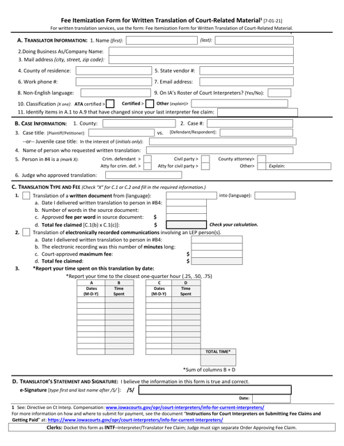 Fee Itemization Form for Written Translation of Court-Related Material - Iowa Download Pdf