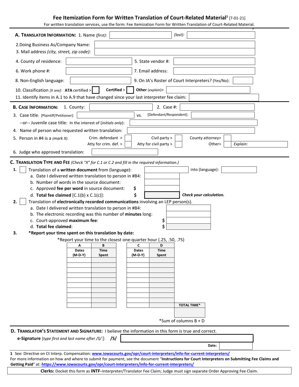 Fee Itemization Form for Written Translation of Court-Related Material - Iowa, Page 1