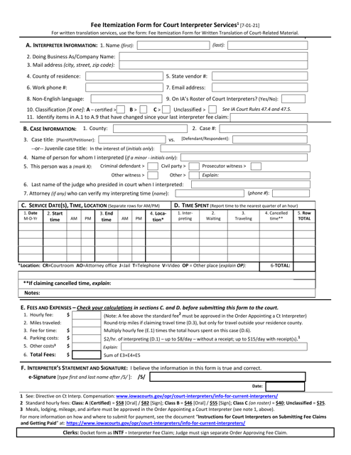 Fee Itemization Form for Court Interpreter Services - Iowa Download Pdf