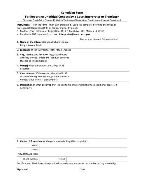 Complaint Form for Reporting Unethical Conduct by a Court Interpreter or Translator - Iowa