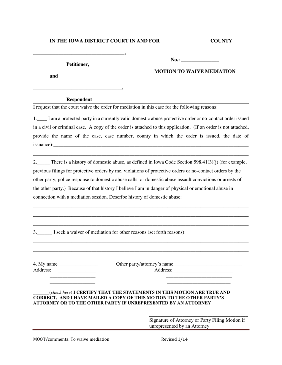 Motion to Waive Mediation - Judicial District 5 - Iowa, Page 1