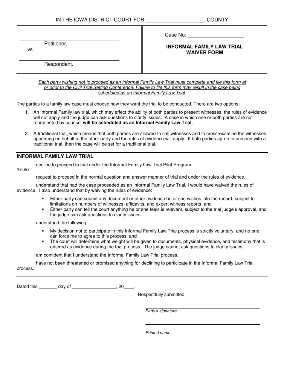 Informal Family Law Trial Waiver Form - Iowa, Page 1