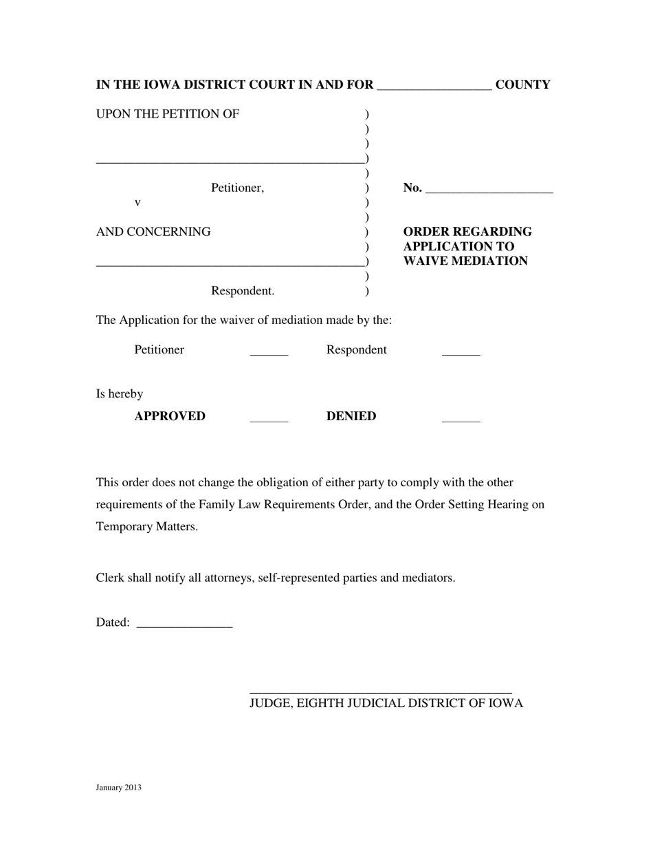 Iowa Order Regarding Application To Waive Mediation Download Printable