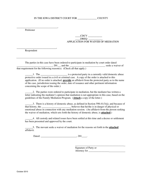 Application for Waiver of Mediation - Judicial District 8 - Iowa Download Pdf
