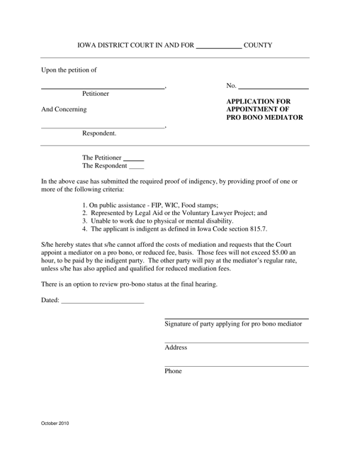 Application for Appointment of Pro Bono Mediator - Iowa Download Pdf