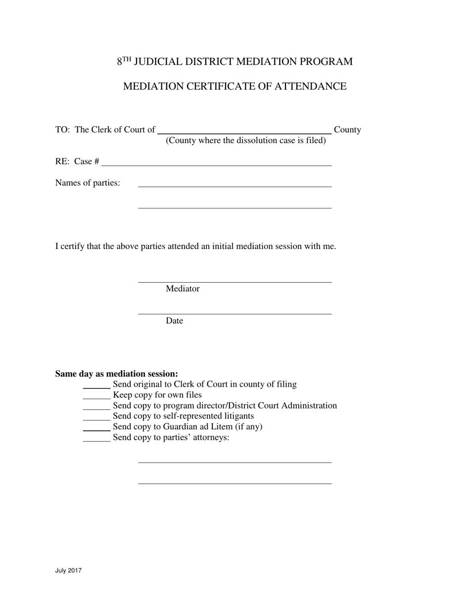 Mediation Certificate of Attendance - 8th Judicial District Mediation Program - Iowa, Page 1