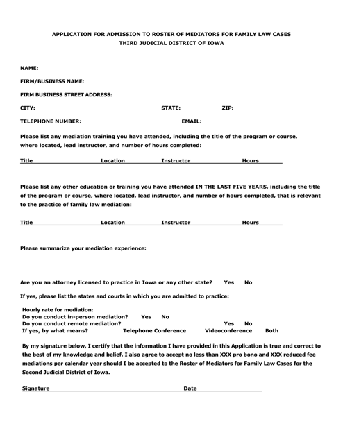 Application for Admission to Roster of Mediators for Family Law Cases - Judicial District 3 - Iowa Download Pdf