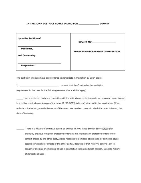 Application for Waiver of Mediation - Judicial District 3 - Iowa Download Pdf