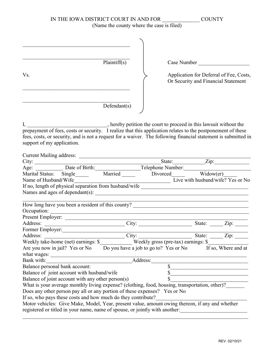 Application for Deferral of Fee, Costs, or Security and Financial Statement - Judicial District 4 - Iowa, Page 1