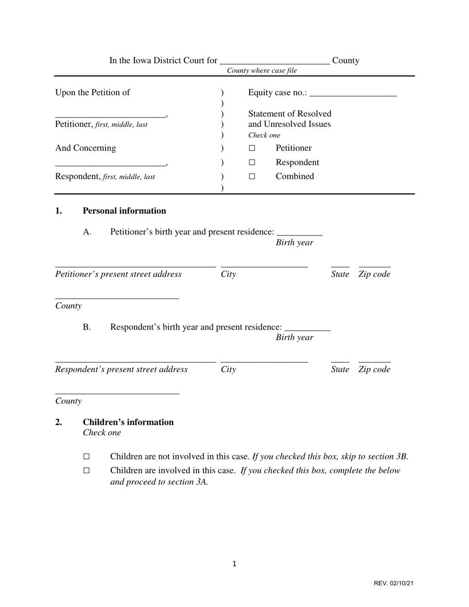 Statement of Resolved and Unresolved Issues - Iowa, Page 1