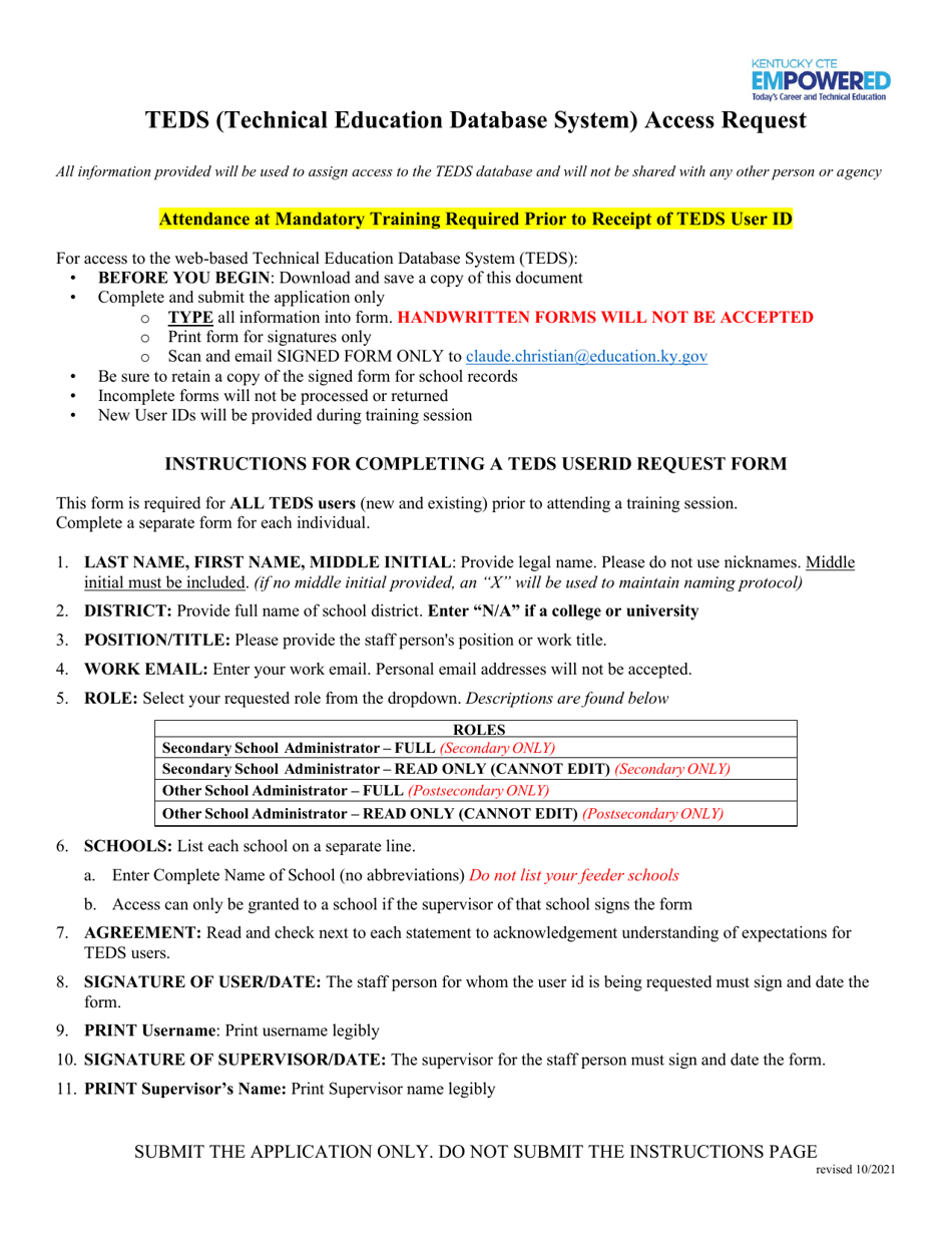 Request for User Id and Teds Access - Kentucky, Page 1