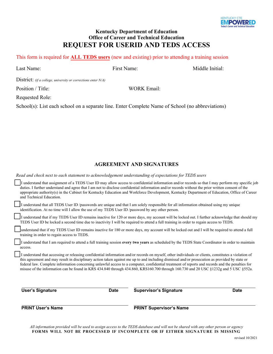 Request for User Id and Teds Access - Kentucky, Page 2