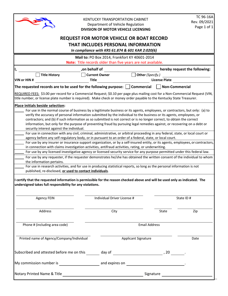 Form Tc96 16a Download Printable Pdf Or Fill Online Request For Motor Vehicle Or Boat Record That Includes Personal Information Kentucky Templateroller