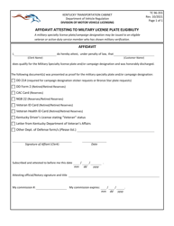 Document preview: Form TC96-335 Affidavit Attesting to Military License Plate Eligibility - Kentucky