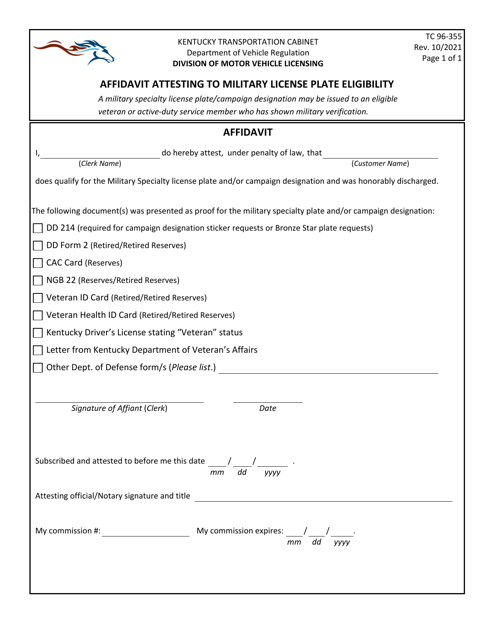 Form TC96-335 Affidavit Attesting to Military License Plate Eligibility - Kentucky