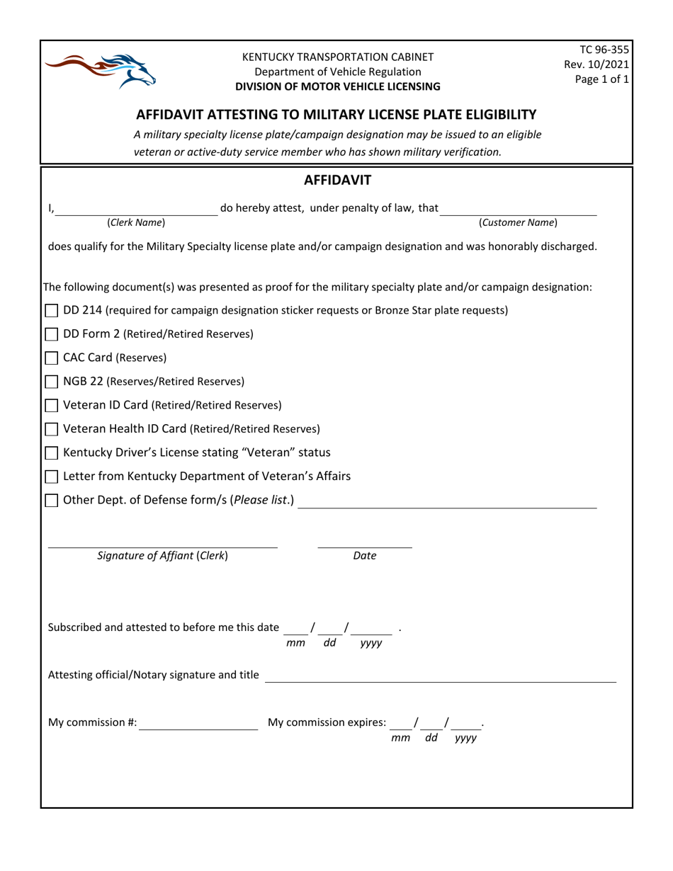 Form TC96-335 Affidavit Attesting to Military License Plate Eligibility - Kentucky, Page 1