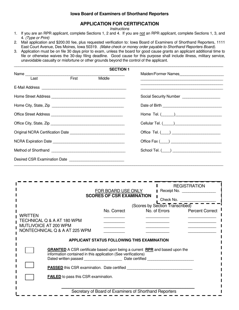 Application for Csr Certification - Iowa, Page 1