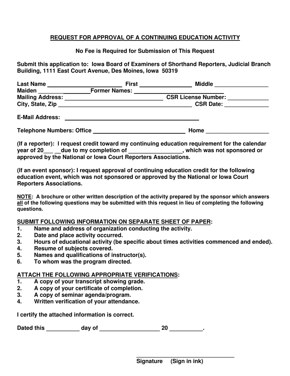 Request for Approval of a Continuing Education Activity - Iowa, Page 1