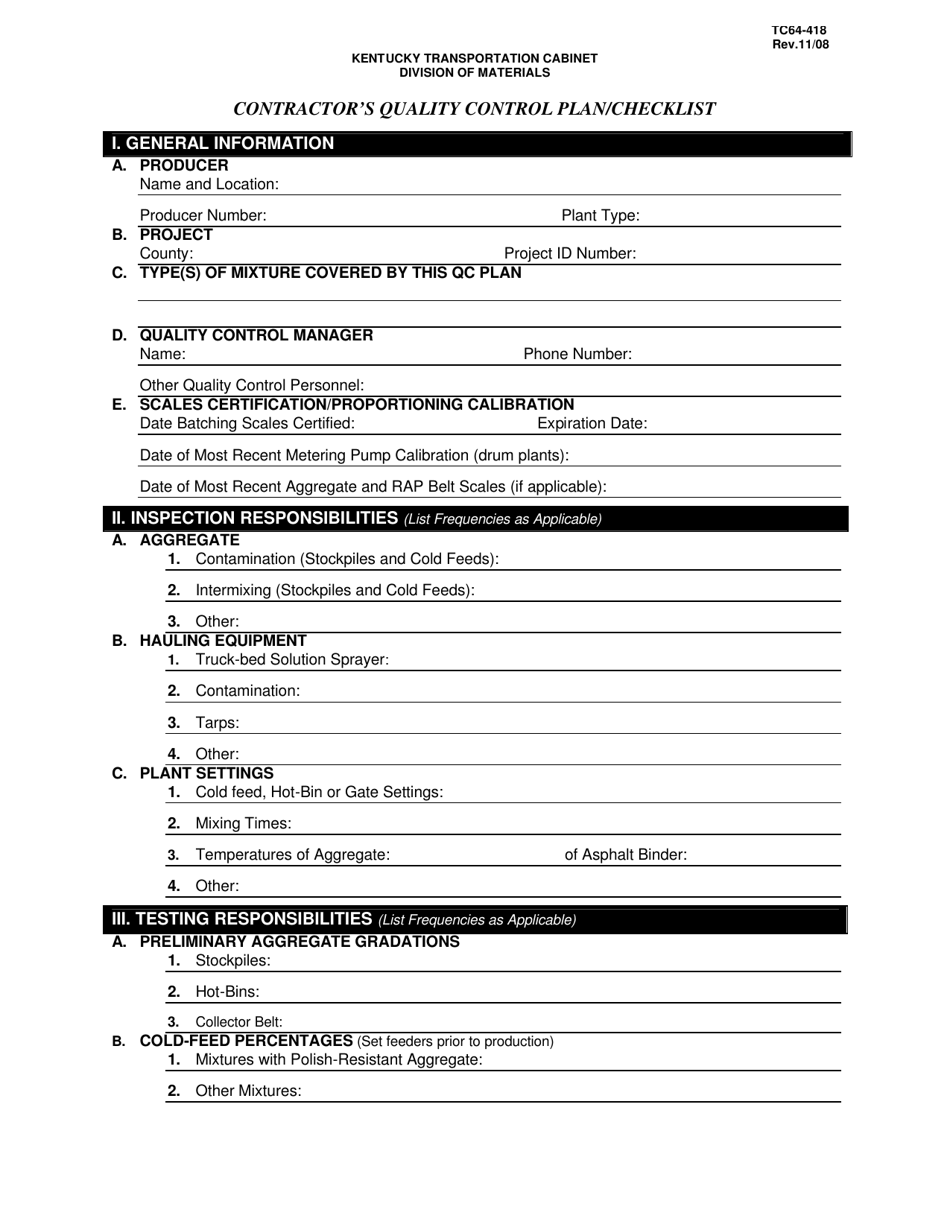 Form TC64-418 Contractors Quality Control Plan / Checklist - Kentucky, Page 1