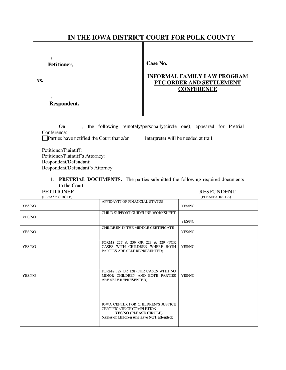 Polk County, Iowa Informal Family Law Program Ptc Order and Settlement