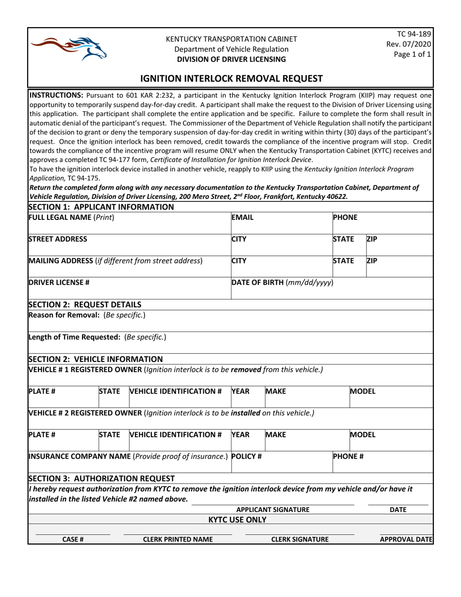 Form TC94-189 Ignition Interlock Removal Request - Kentucky, Page 1