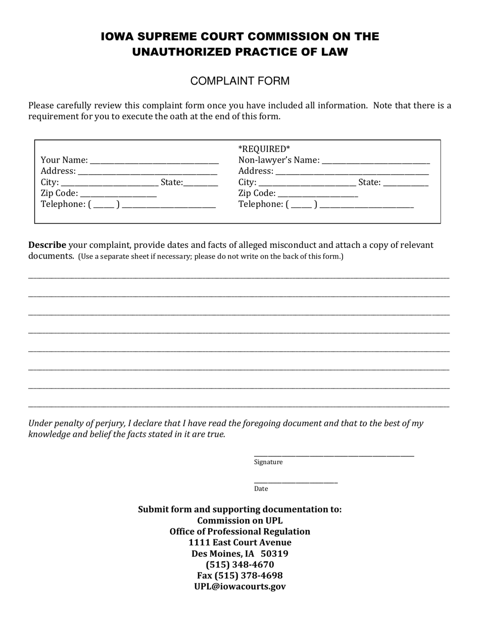 Unauthorized Practice of Law Complaint Form - Iowa, Page 1
