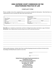 Document preview: Unauthorized Practice of Law Complaint Form - Iowa