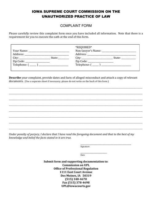 Unauthorized Practice of Law Complaint Form - Iowa Download Pdf