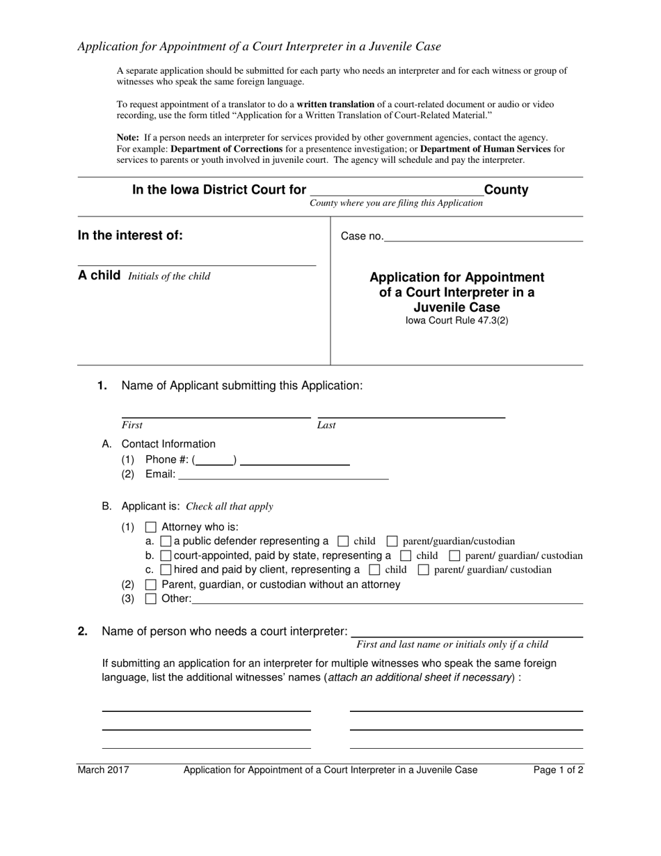 Application for Appointment of a Court Interpreter in a Juvenile Case - Iowa, Page 1