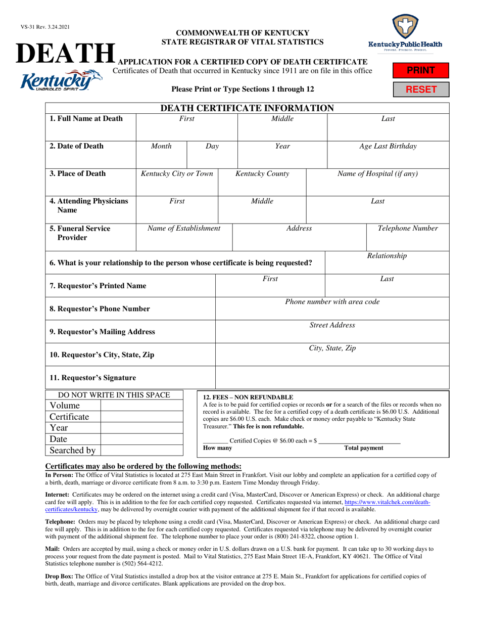 Form VS-31 Application for a Certified Copy of Death Certificate - Kentucky, Page 1