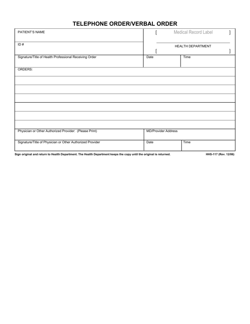 Form HHS-117 Telephone Order/Verbal Order - Kentucky
