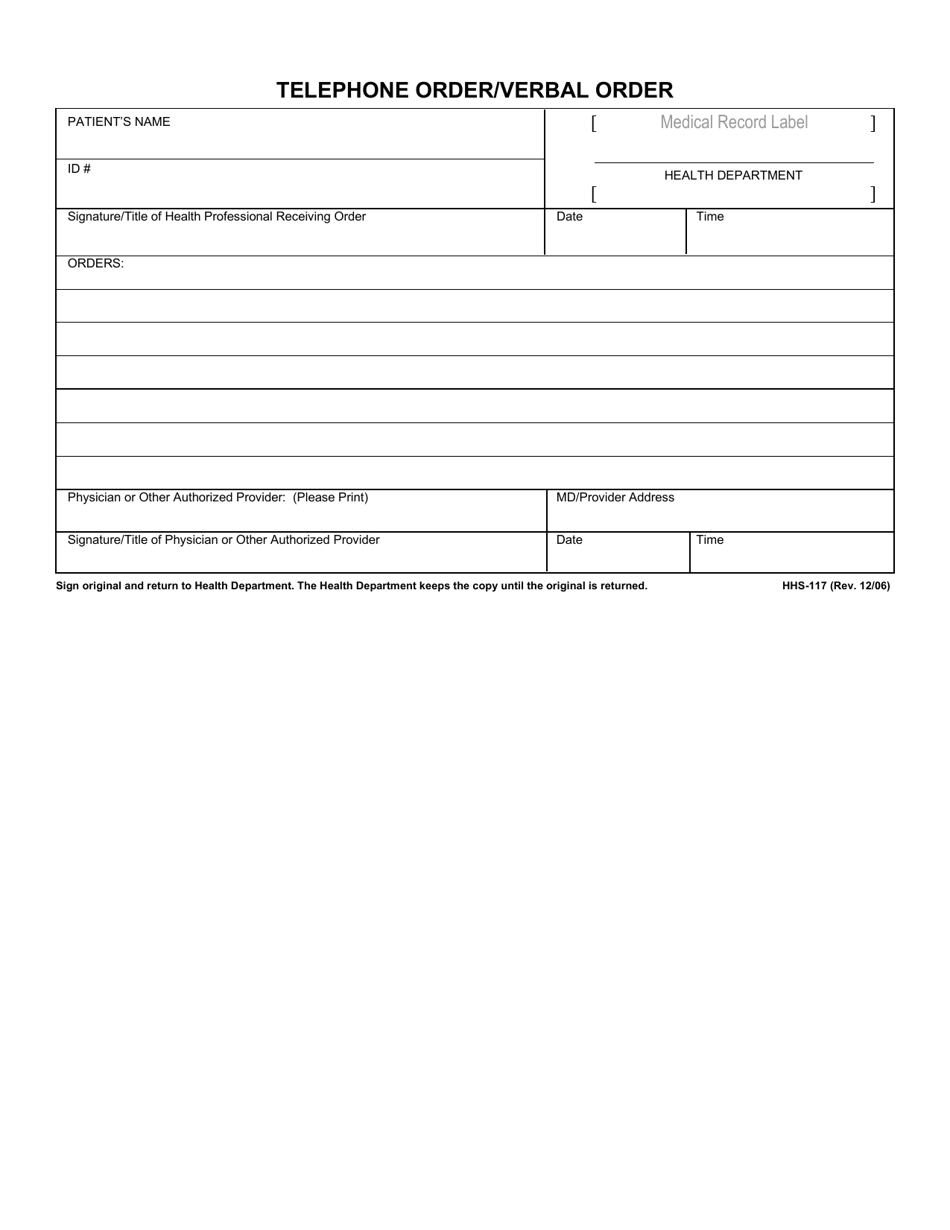 Form HHS-117 Telephone Order / Verbal Order - Kentucky, Page 1