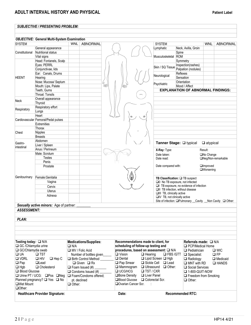 Form HP14 Adult Interval History and Physical - Kentucky (English / Spanish), Page 2